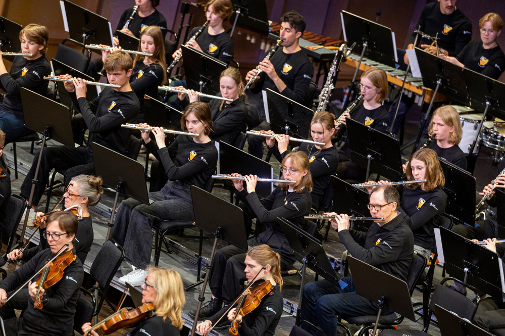 Elever och proffs spelar tillsammans i en gemensam symfoniorkester