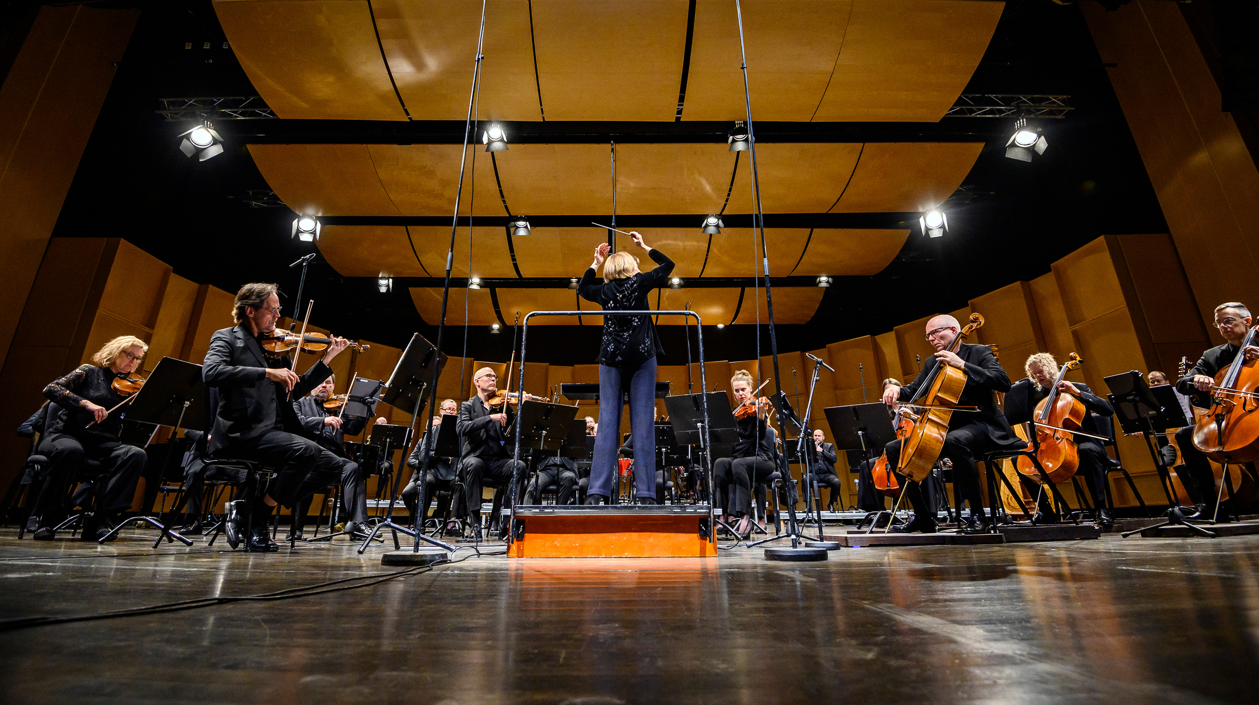 Dirigent som dirigerar en orkester